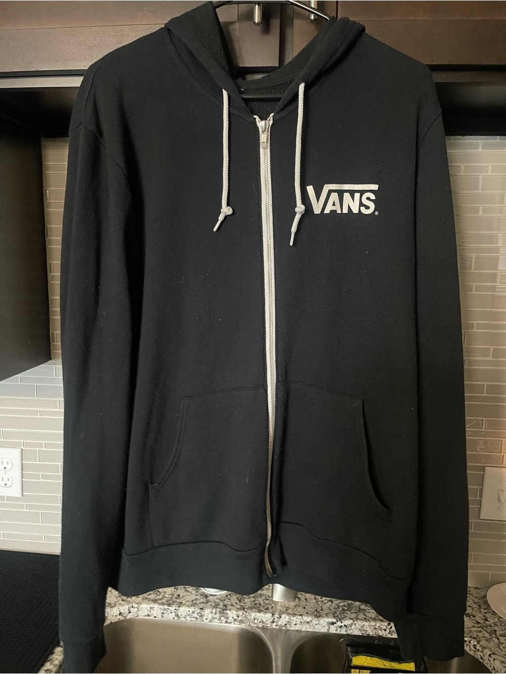 Vans Black Full-Zip Hoodie with White Logo and Drawstrings